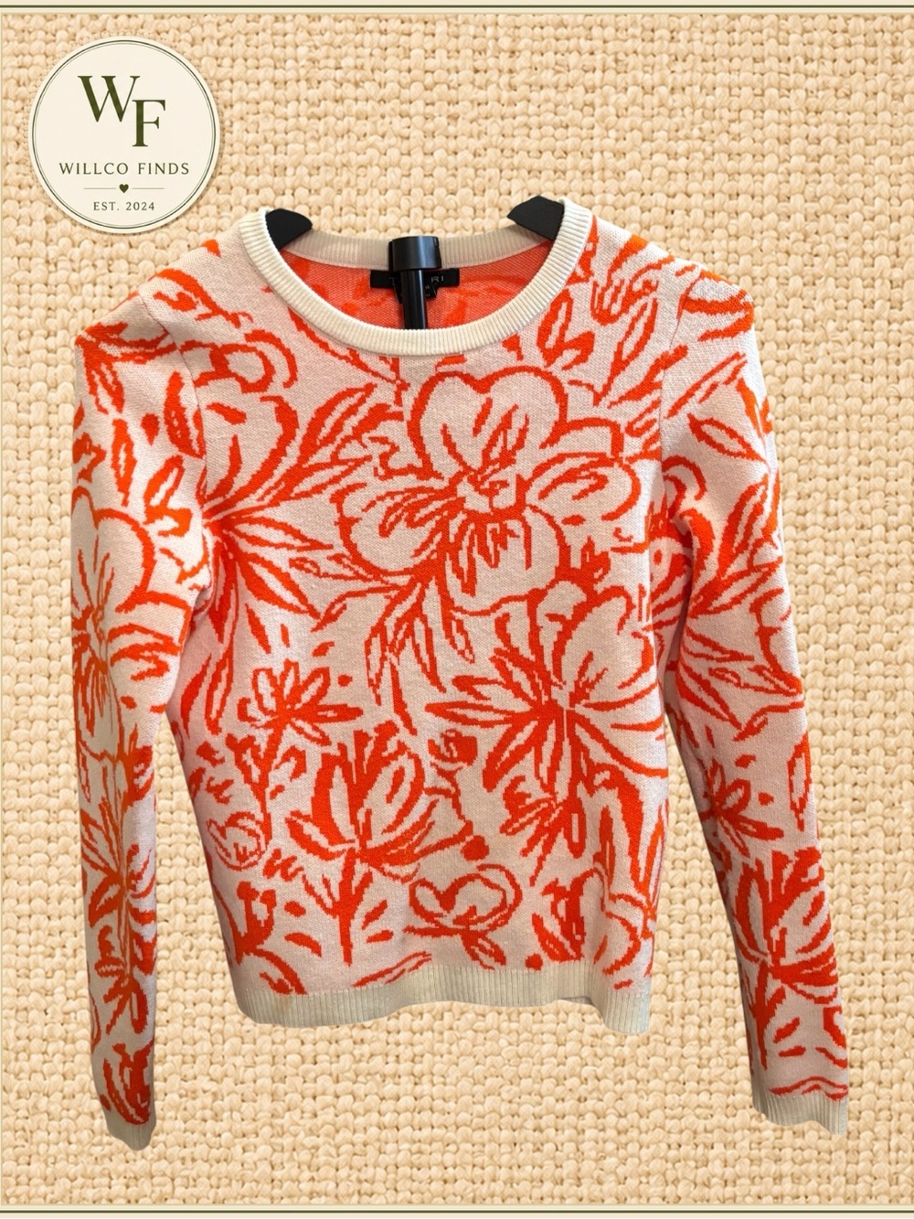 Tahari Cream and Orange Floral Crewneck Sweater Size Small